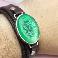 دستبند مردانه چرم عقیق سبز با حرز امام جواد