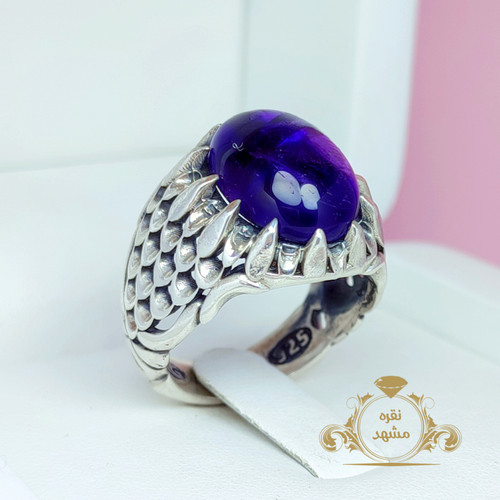 انگشتر آمیتیست مردانه با سنگ بنفش طبیعی و رکاب نقره عیار ۹۲۵