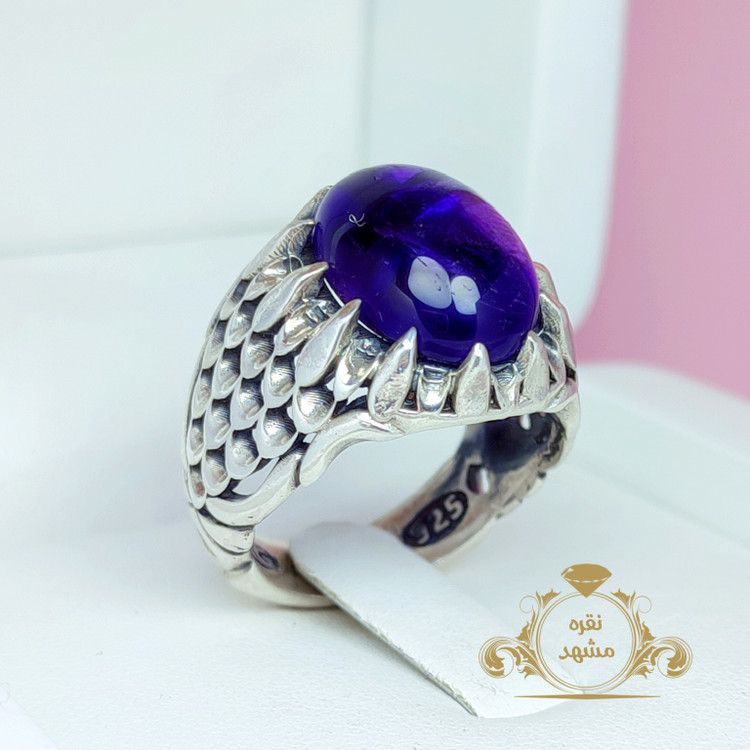 انگشتر آمیتیست مردانه با سنگ بنفش طبیعی و رکاب نقره عیار ۹۲۵