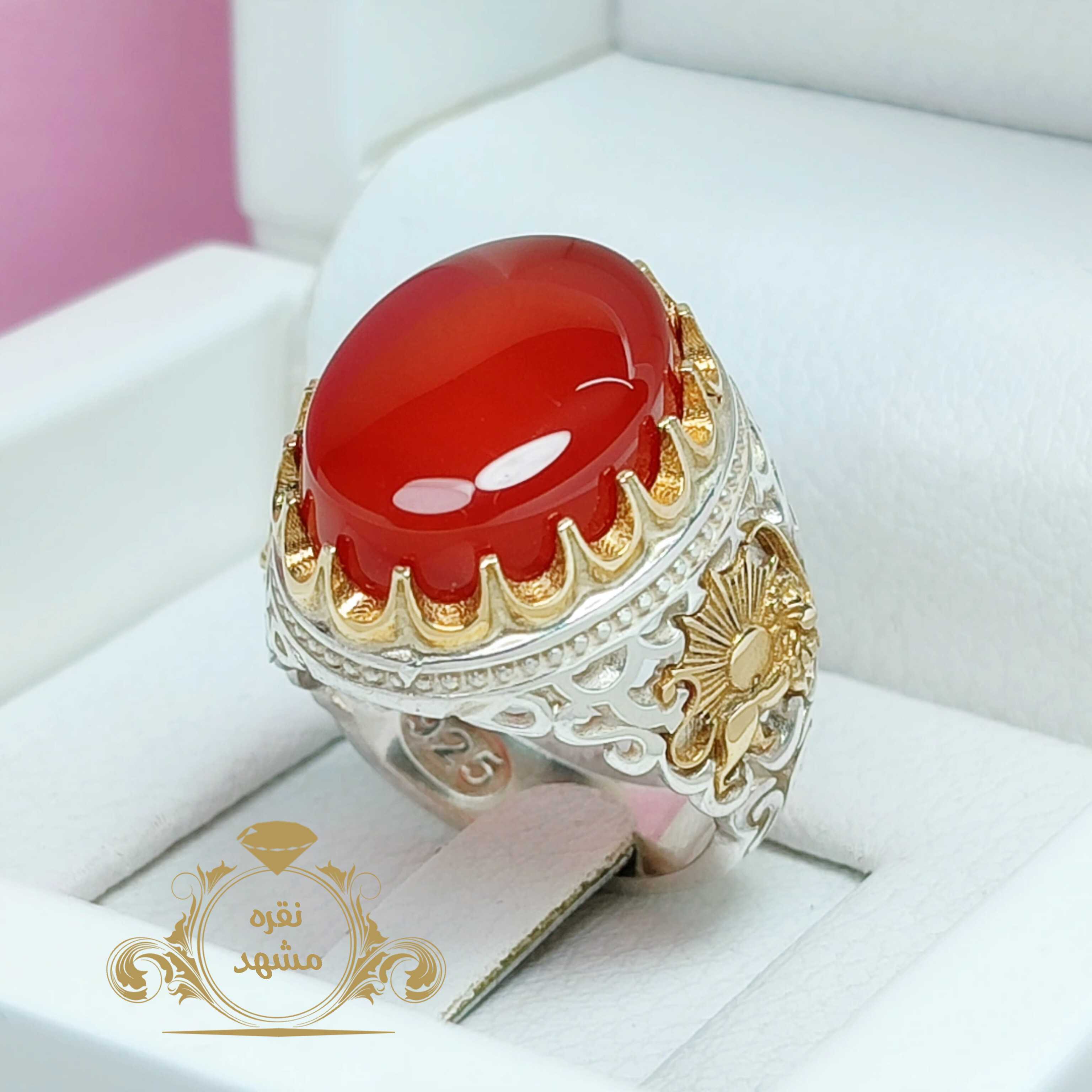 انگشتر عقیق سرخ مردانه رکاب نقره مدل شیر و خورشید
