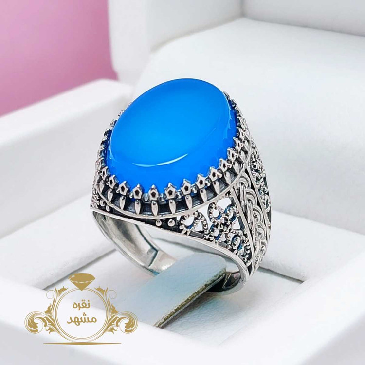انگشتر عقیق آبی مردانه نقره آبی خوشرنگ