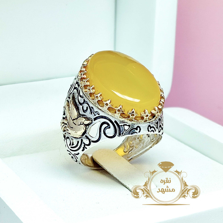 انگشتر نقره عقیق زرد اصلی شیک طرح پرنده