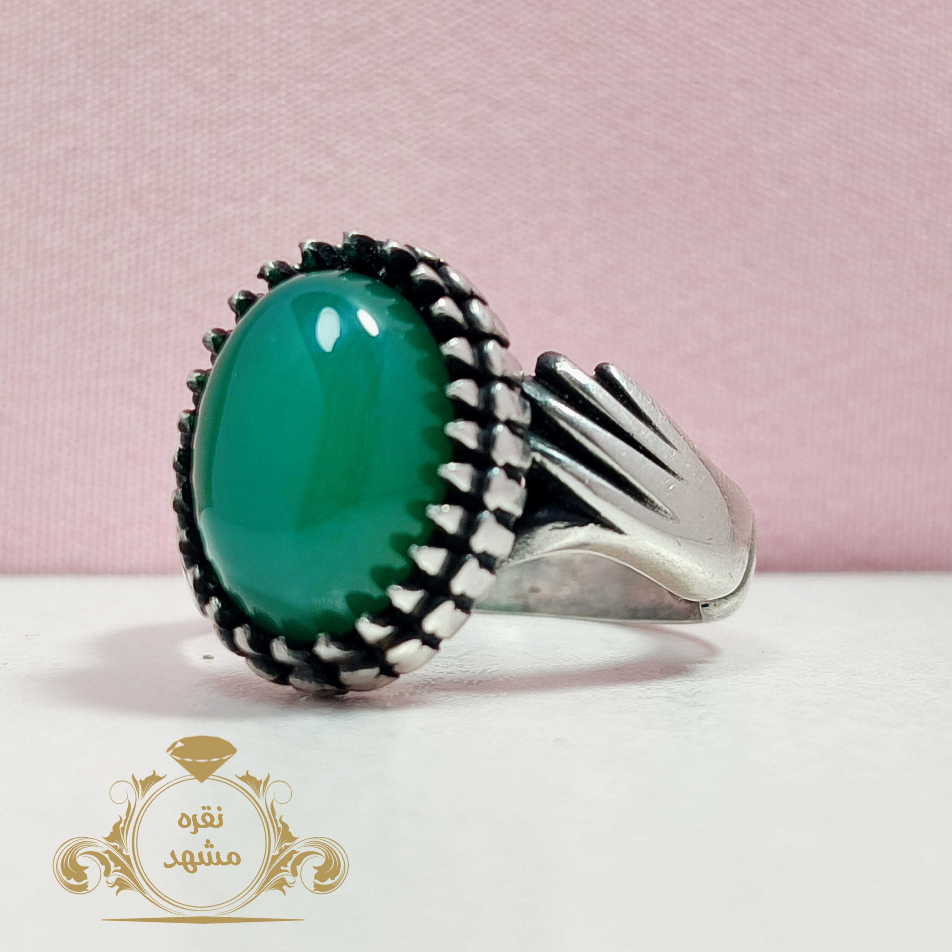 انگشتر دست و دلبر عقیق سبز تیره مردانه نقره اصلی
