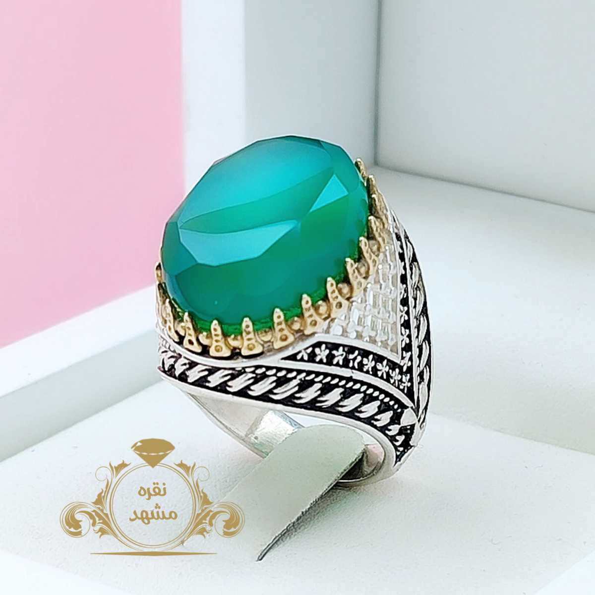 انگشتر مردانه عقیق سبز تراش دار عالی