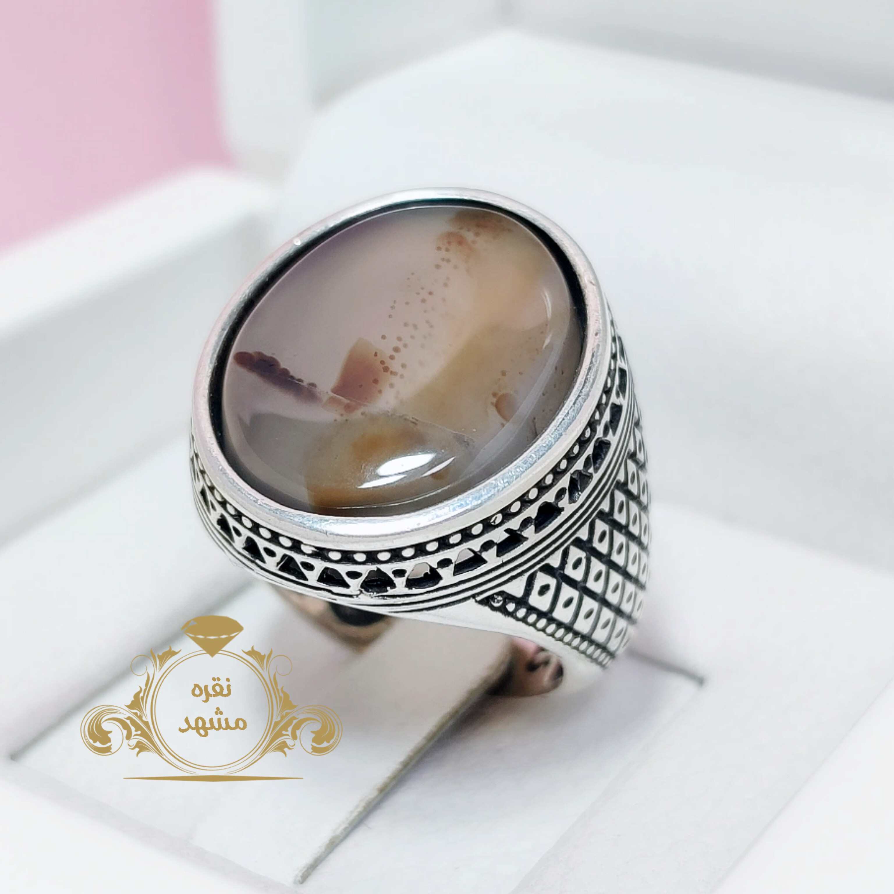 انگشتر نقره مردانه شجر طبیعی تک خوشرنگ