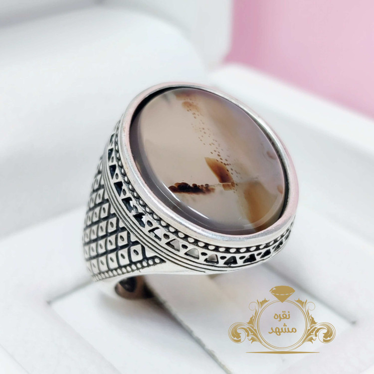 انگشتر نقره مردانه شجر طبیعی تک خوشرنگ