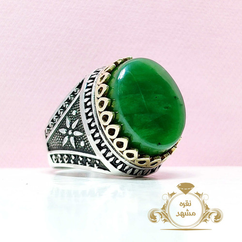 انگشتر یشم اصلی مردانه رکاب نقره طرح گل