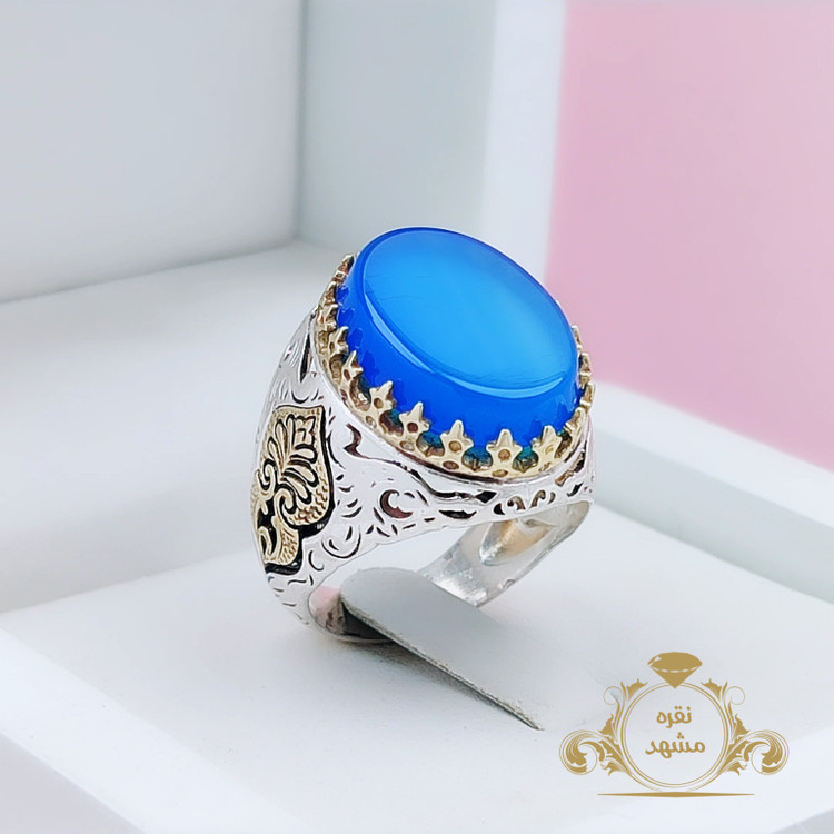 انگشتر عقیق آبی مردانه رکاب نقره