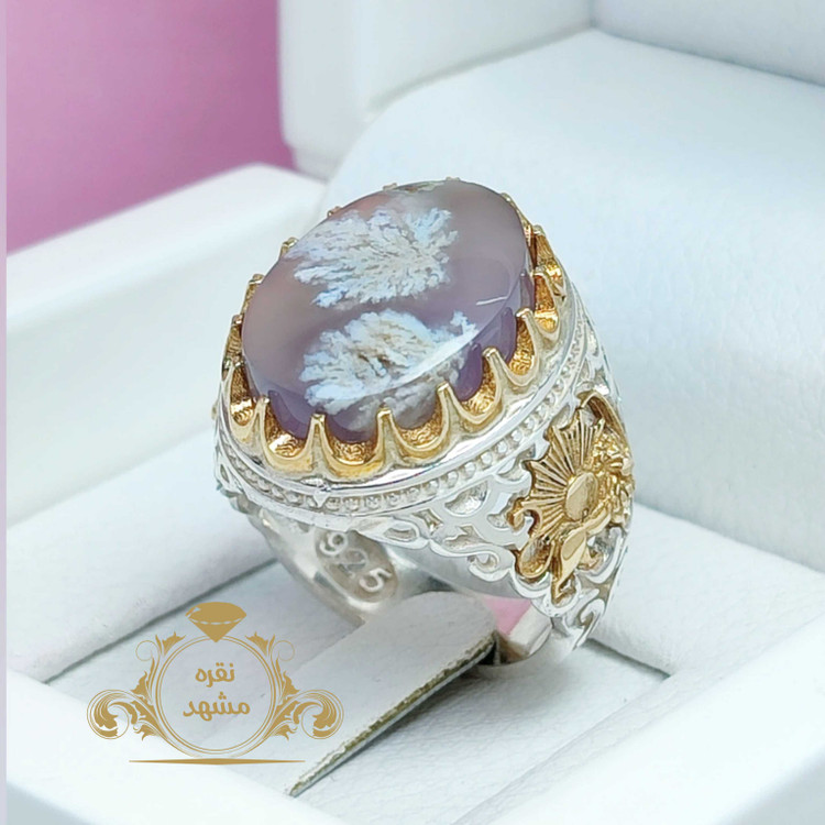 انگشتر شیر و خورشید مردانه نقره عقیق شجر