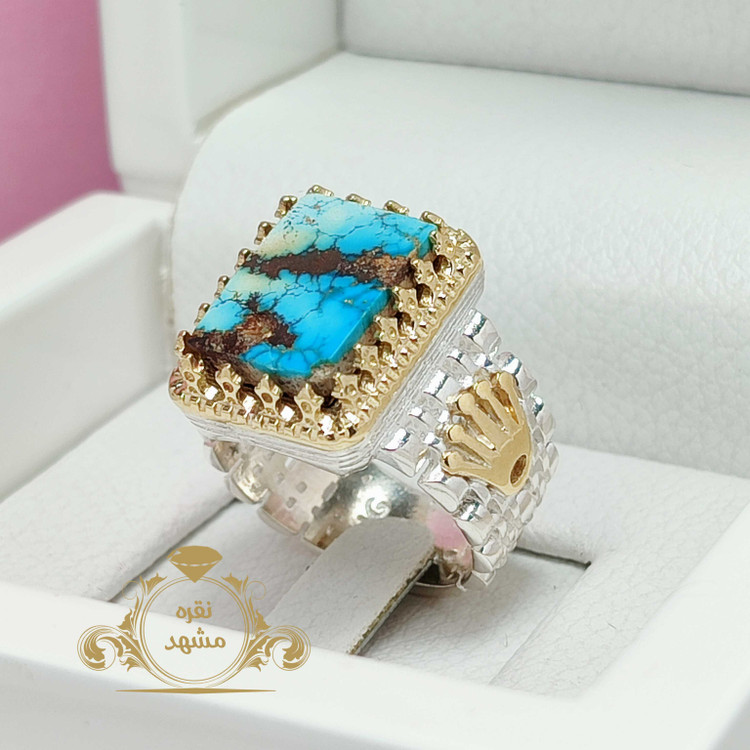 انگشتر نقره مردانه فیروزه نیشابوری اصلی و معدنی مدل رولکسی
