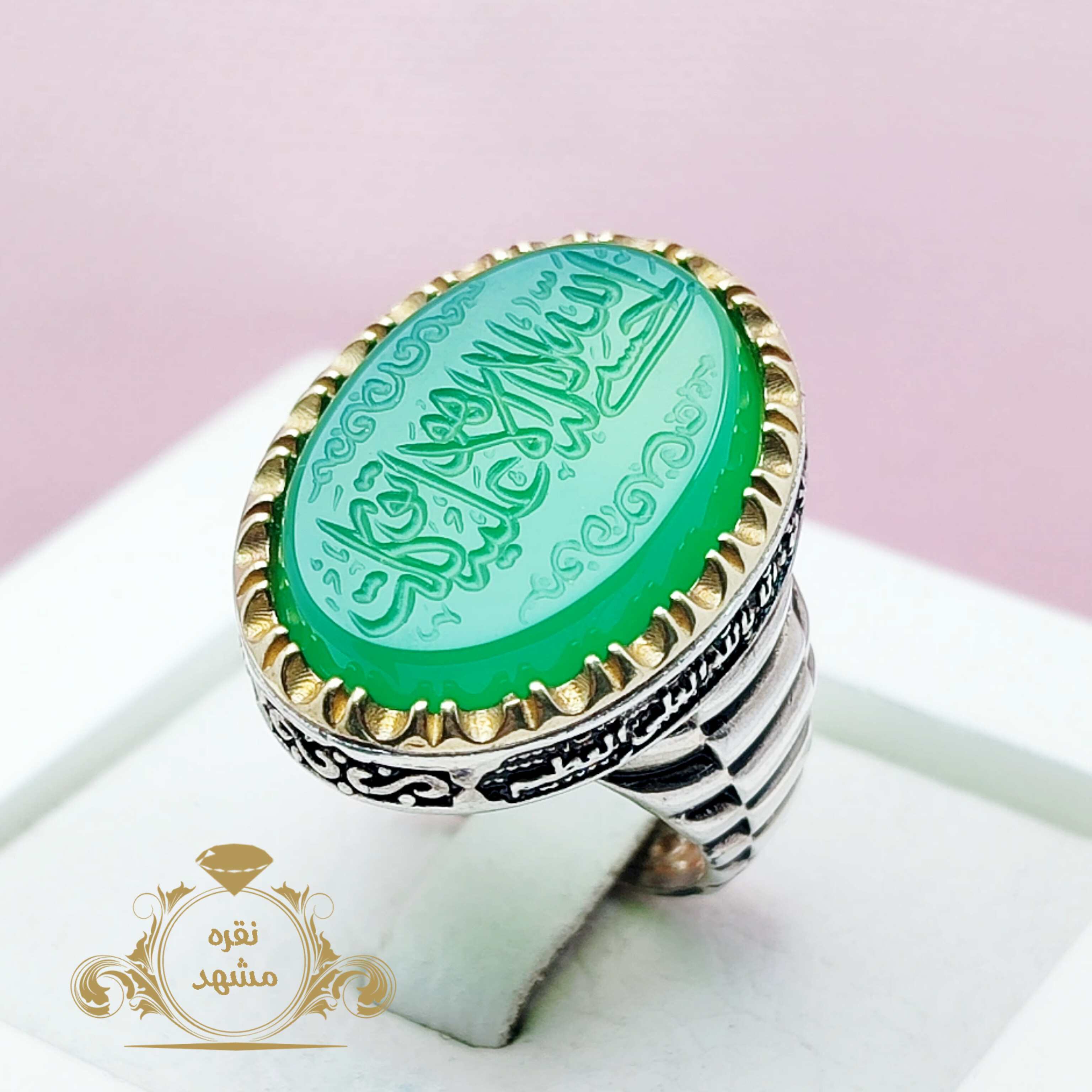 انگشتر نقره مردانه با نگین عقیق سبز حسبنا الله