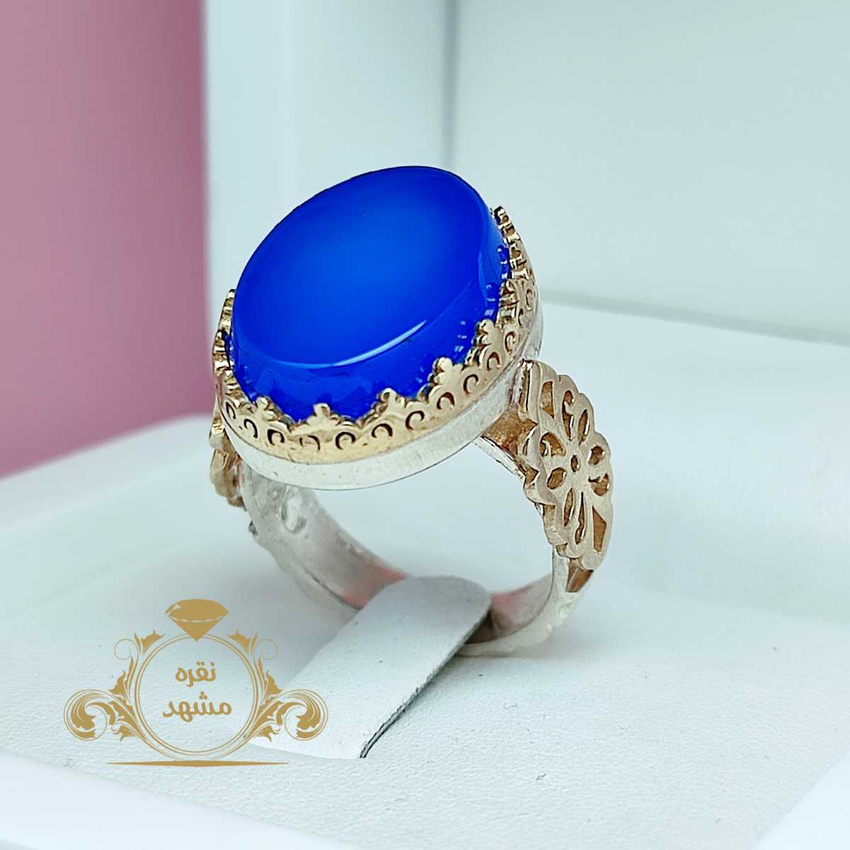 انگشتر آبی خوشرنگ نقره مردانه عقیق آبی با رکاب خاص