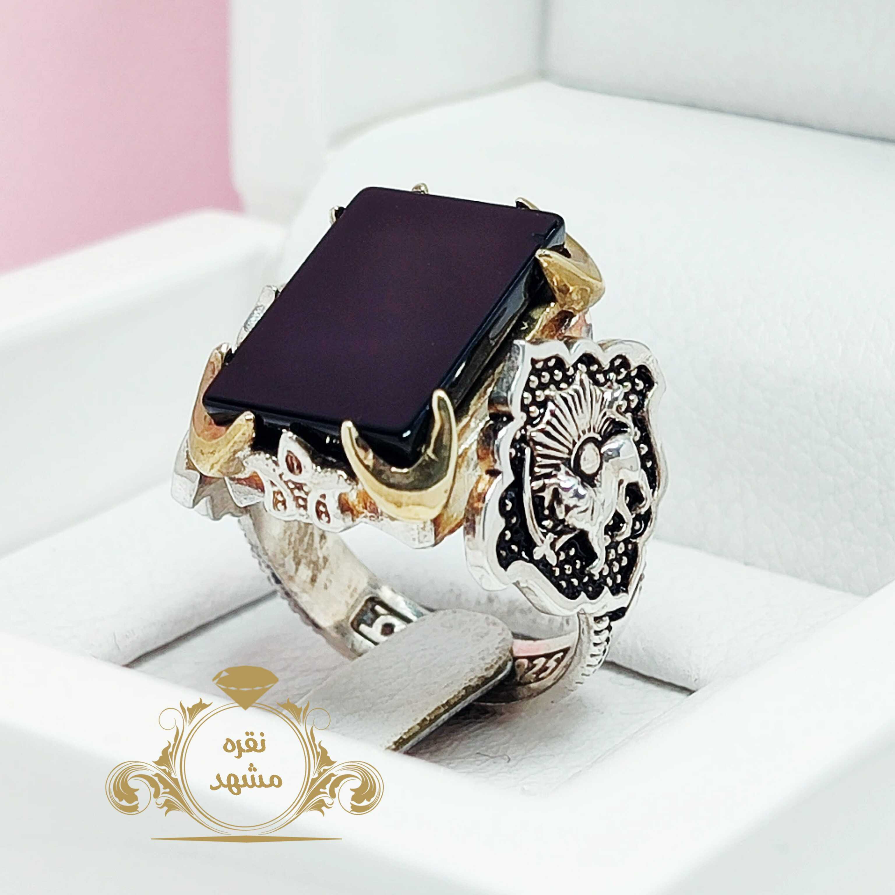 انگشتر شیر و خورشید مردانه عقیق سیاه