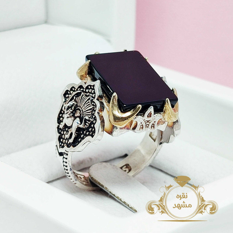 شیر و خورشید مردانه عقیق سیاه نقره 925