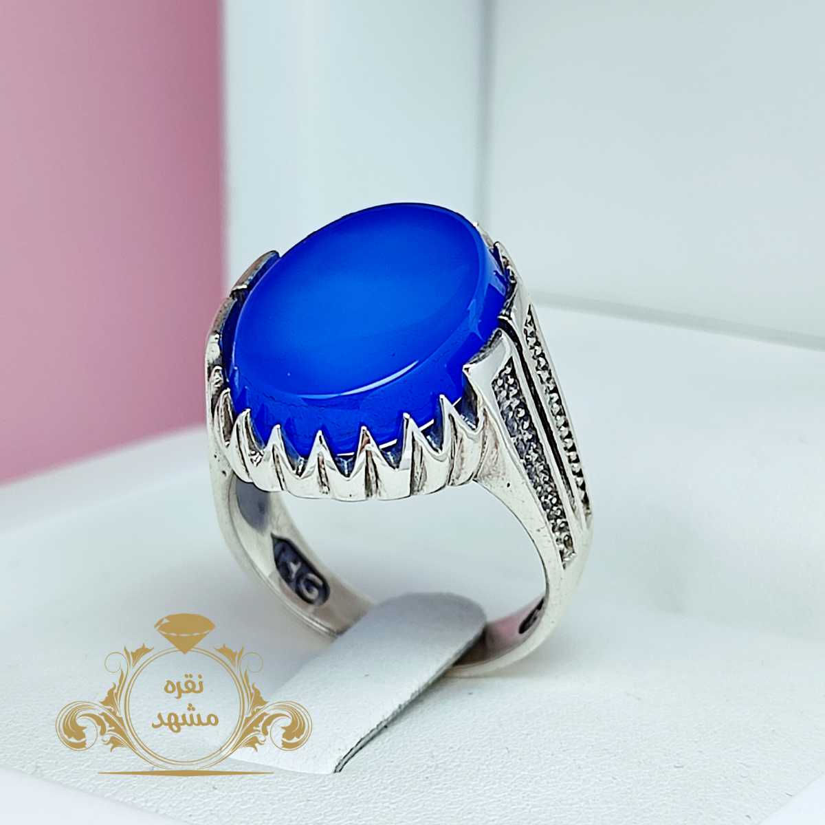 انگشتر آبی مردانه نقره با سنگ عقیق طبیعی