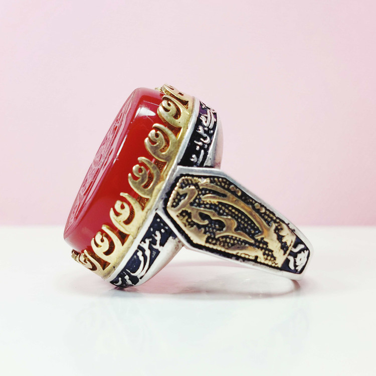 انگشتر یاعلی سرخ مردانه عقیق اصلی معدنی