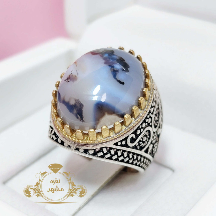 انگشتر نقره مردانه عقیق سفید طرح شجر دامله