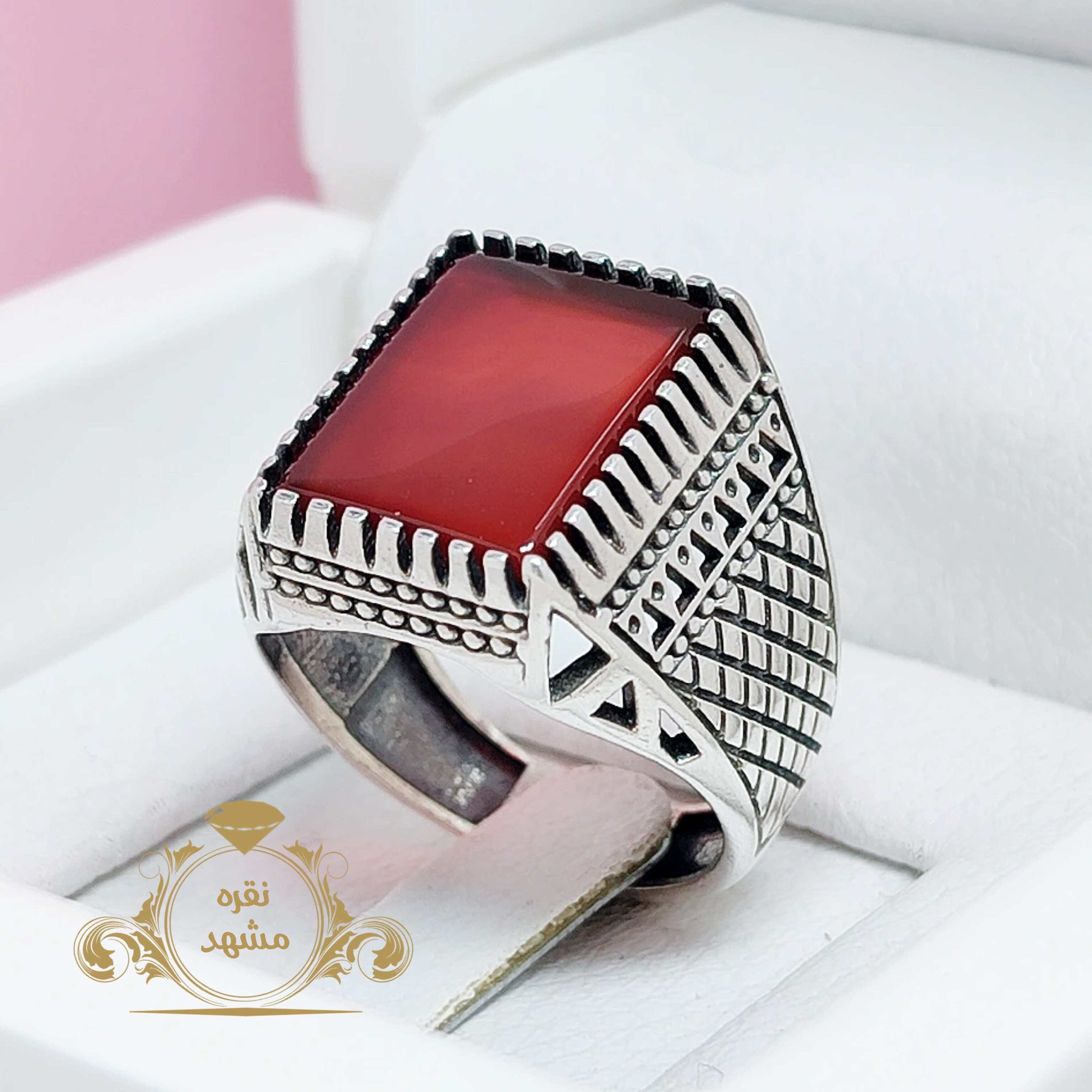 انگشتر نقره عقیق سرخ مردانه چهارگوش مدل حصیری