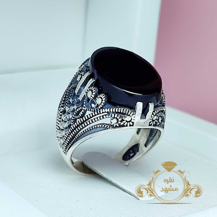انگشتر عقیق سیاه یا مشکی مردانه رکاب توری
