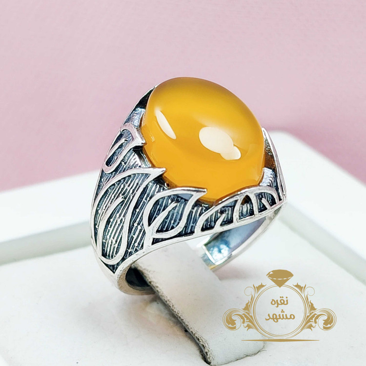 انگشتر عقیق زرد مردانه نقره مدل برگ