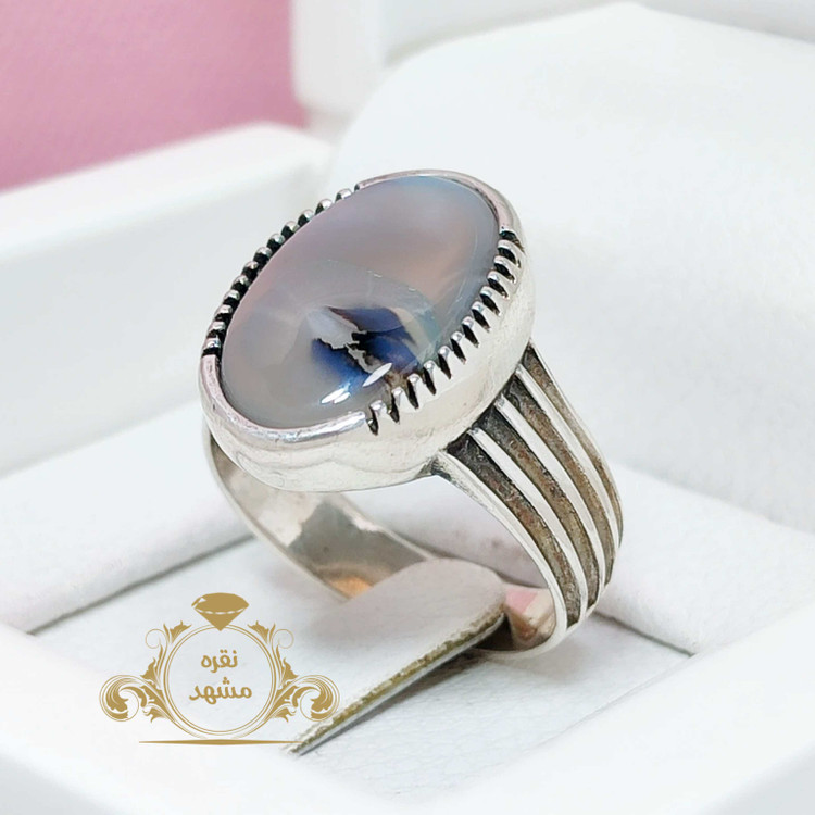 انگشتر تک عقیق سفید شجری اصل انگشتر نقره منحصر به فرد