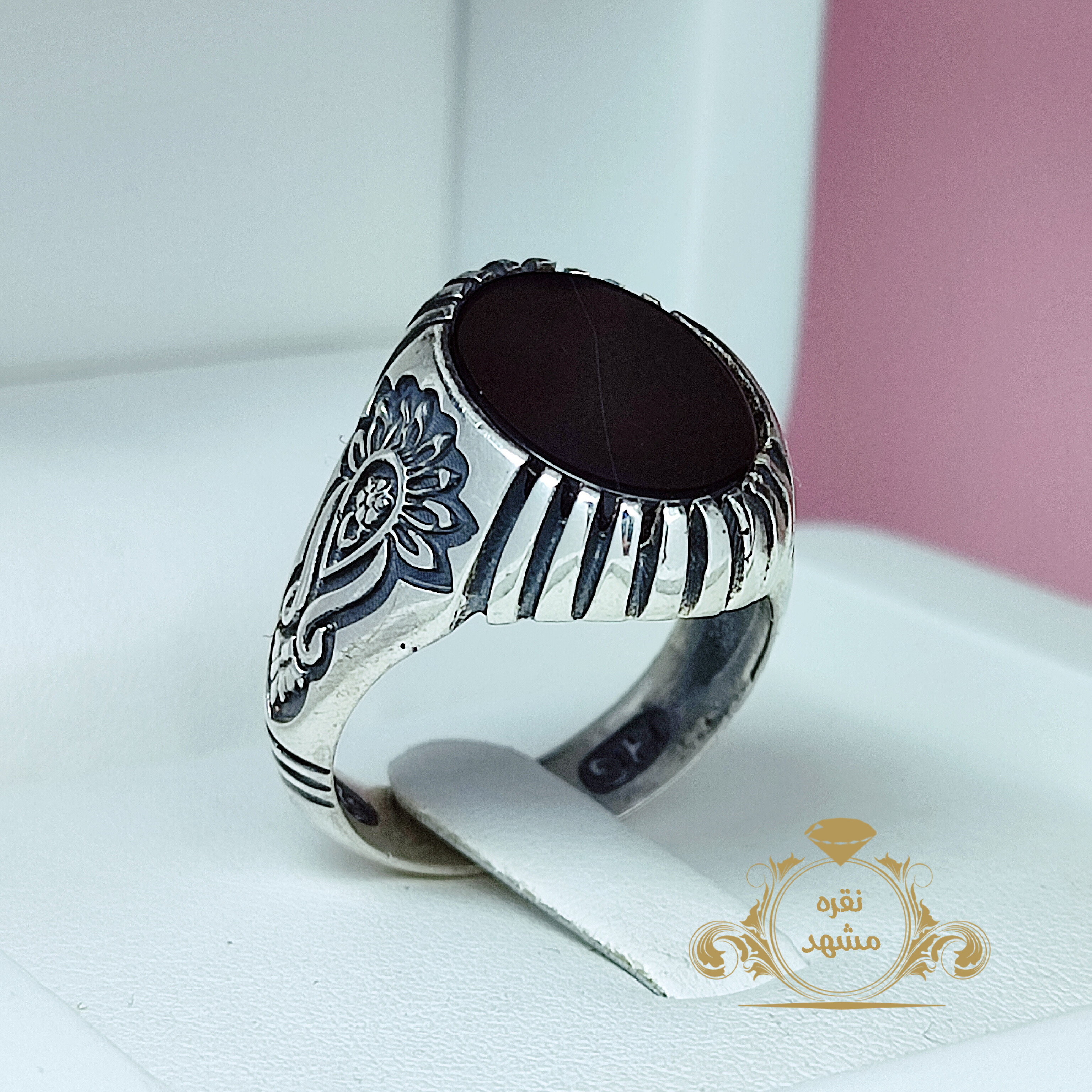 انگشتر سیاه نقره اصلی رکاب مردانه طرح گل