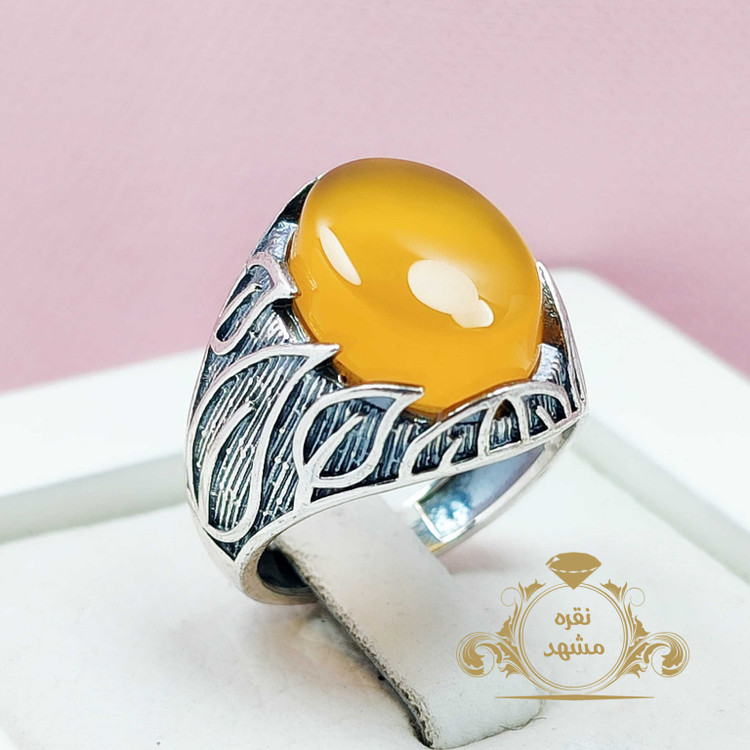 انگشتر عقیق زرد مردانه نقره مدل برگ