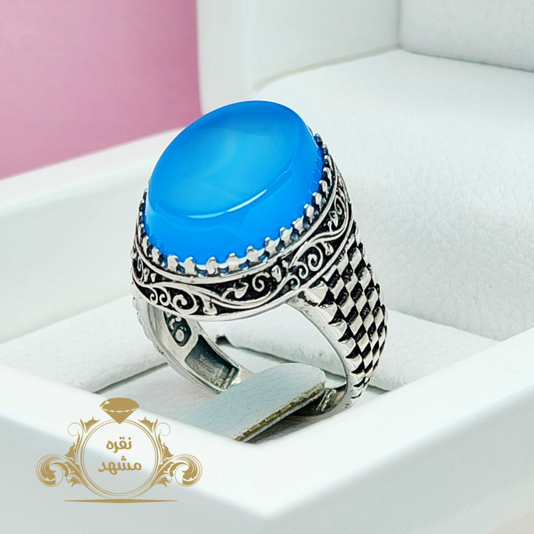 عقیق آبی روشن خوشرنگ انگشتر مردانه اصل