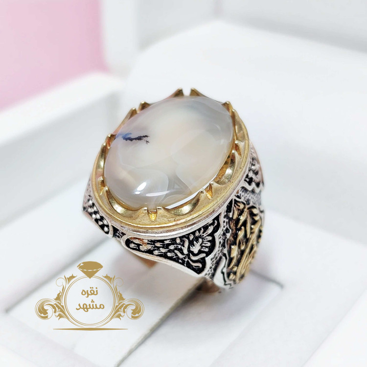 انگشتر نقره عقیق سفید تک شاخه مردانه