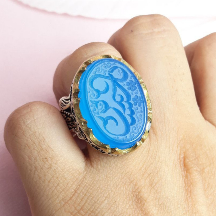 ذکر حسین انگشتر عقیق آبی مردانه نقره