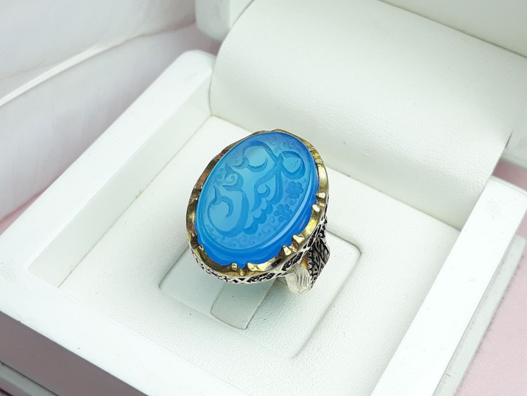 حکاکی حسین انگشتر عقیق آبی مردانه