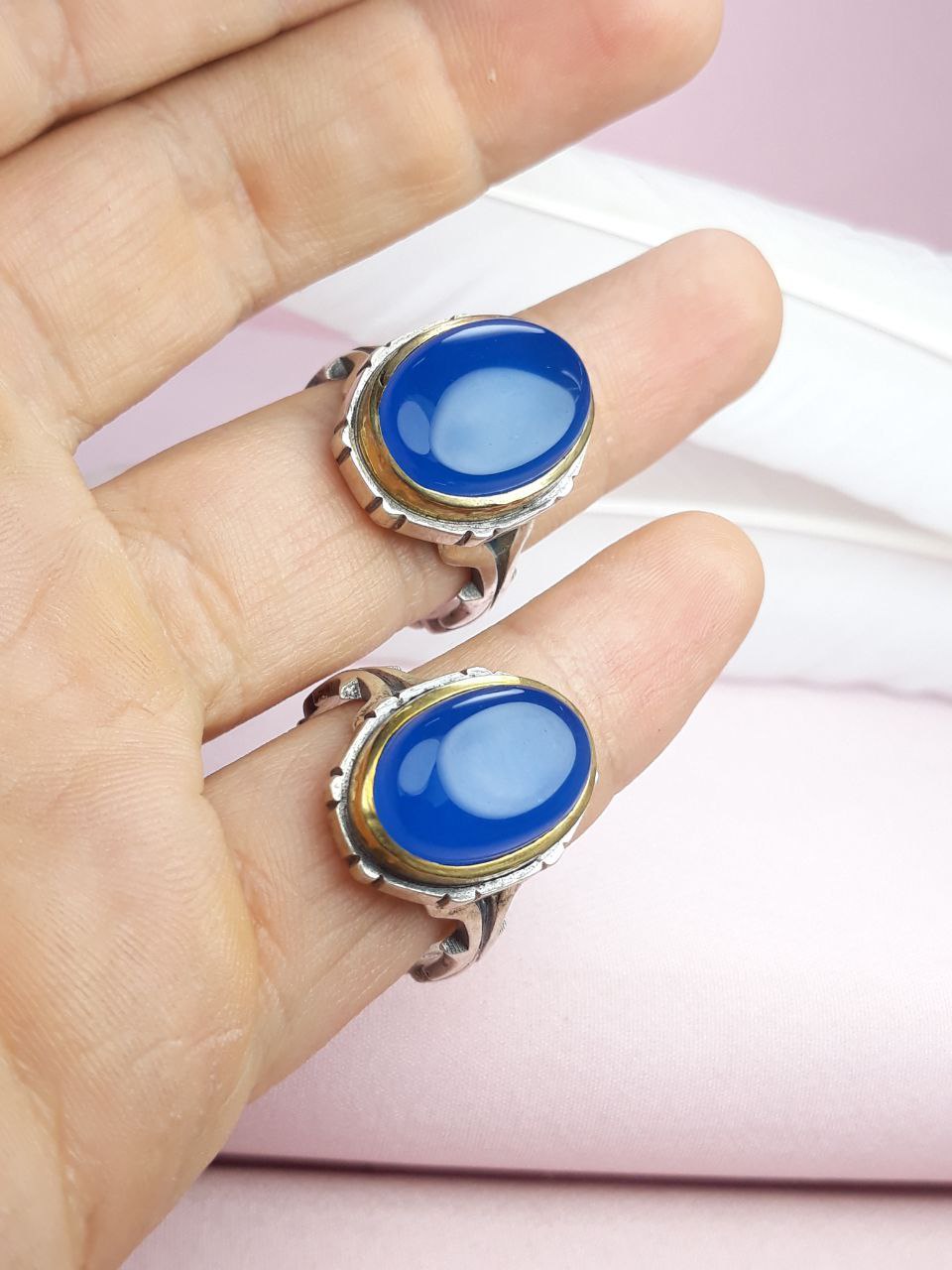 انگشتر ست زنانه مردانه عقیق آبی رکاب نقره