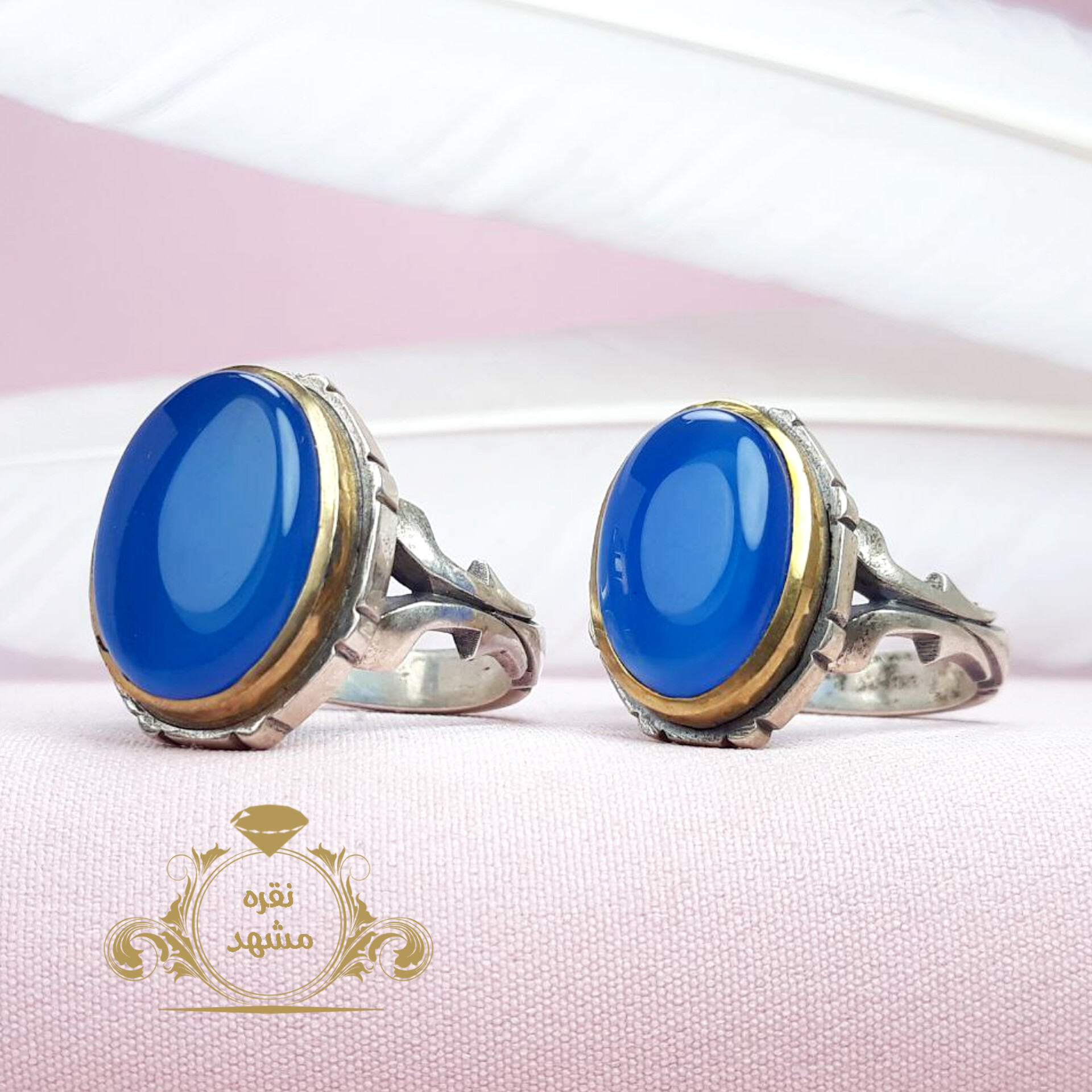 انگشتر ست زنانه مردانه عقیق آبی رکاب نقره