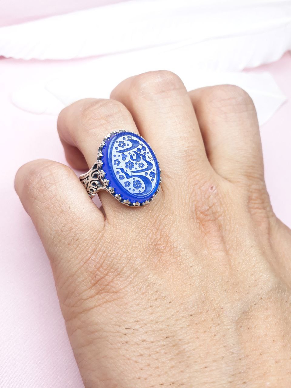 انگشتر نقره با حکاکی زیبای یاعباس عقیق آبی