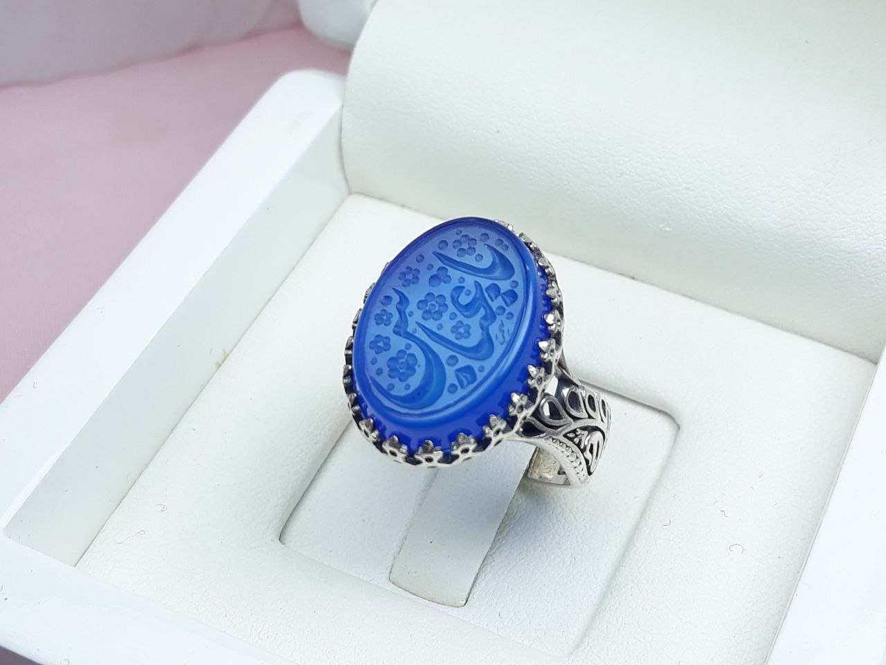 انگشتر با حکاکی زیبای یاعباس عقیق آبی