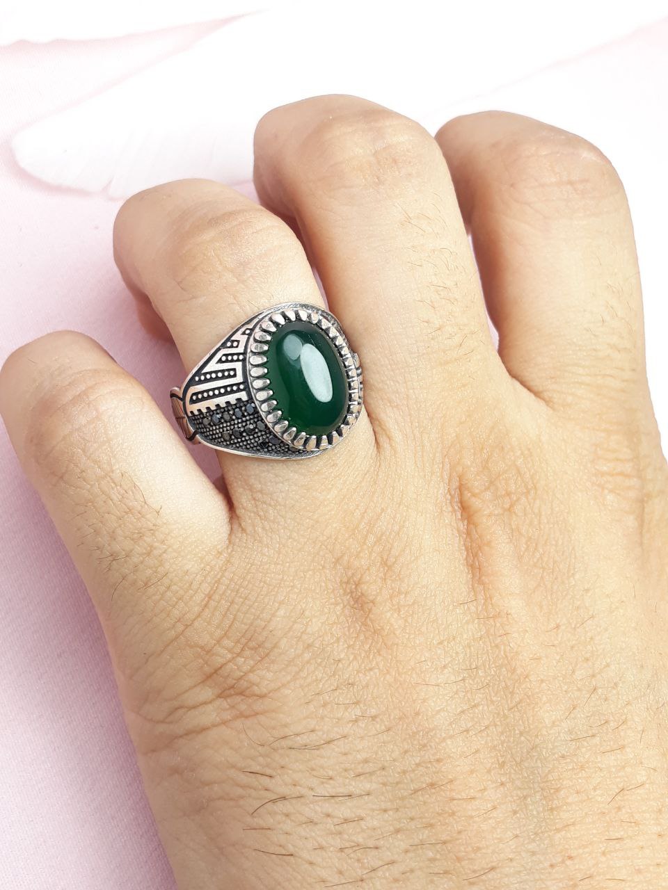 انگشتر اسپرت عقیق سبز طرح ترک شیک و زیبا