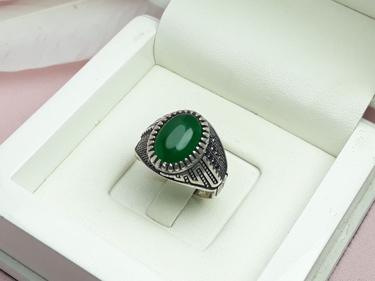 انگشتر اسپرت مردانه عقیق سبز طرح ترک