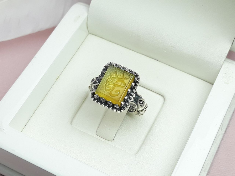 انگشتر ست زنانه مردانه عقیق زرد خطی یاعلی یا فاطمه