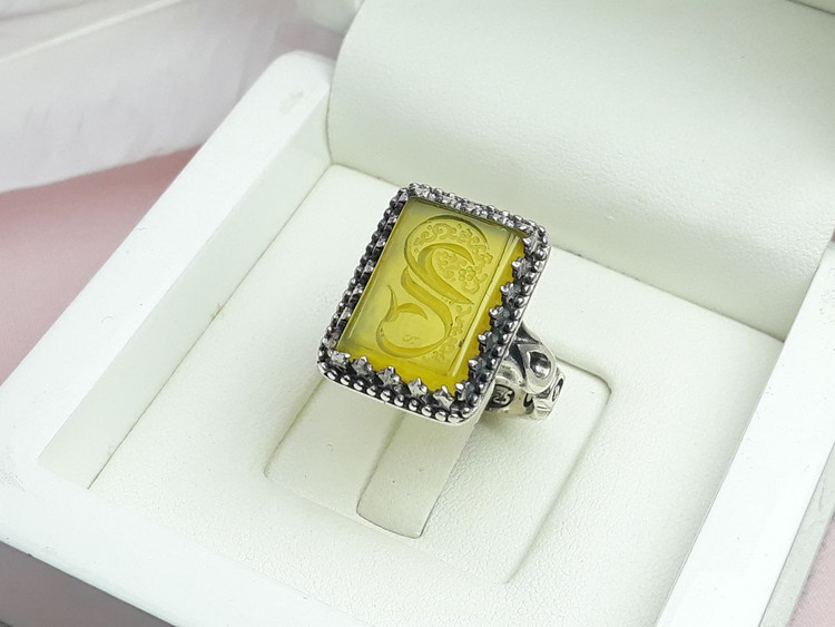 انگشتر ست زنانه مردانه عقیق زرد خطی یاعلی یا فاطمه