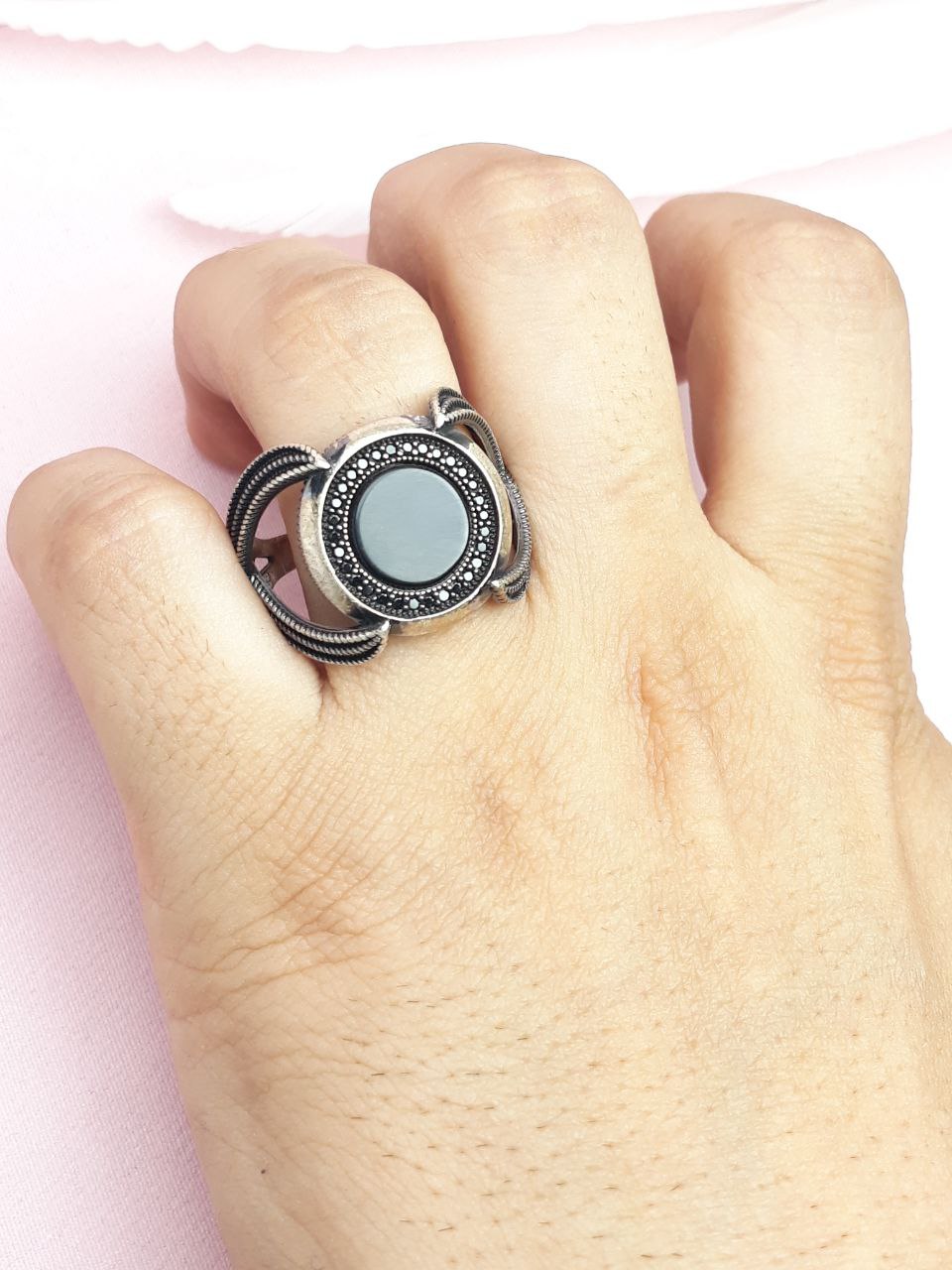 انگشتر نقره مردانه عقیق سیاه اسپرت طرح ترک