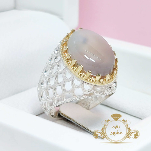 انگشتر مردانه عقیق نباتی دو رنگ سفید شکلاتی