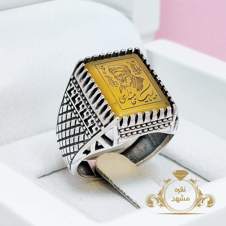 انگشتر شمایل رهبری عقیق زرد مردانه چهارگوش مدل حصیری