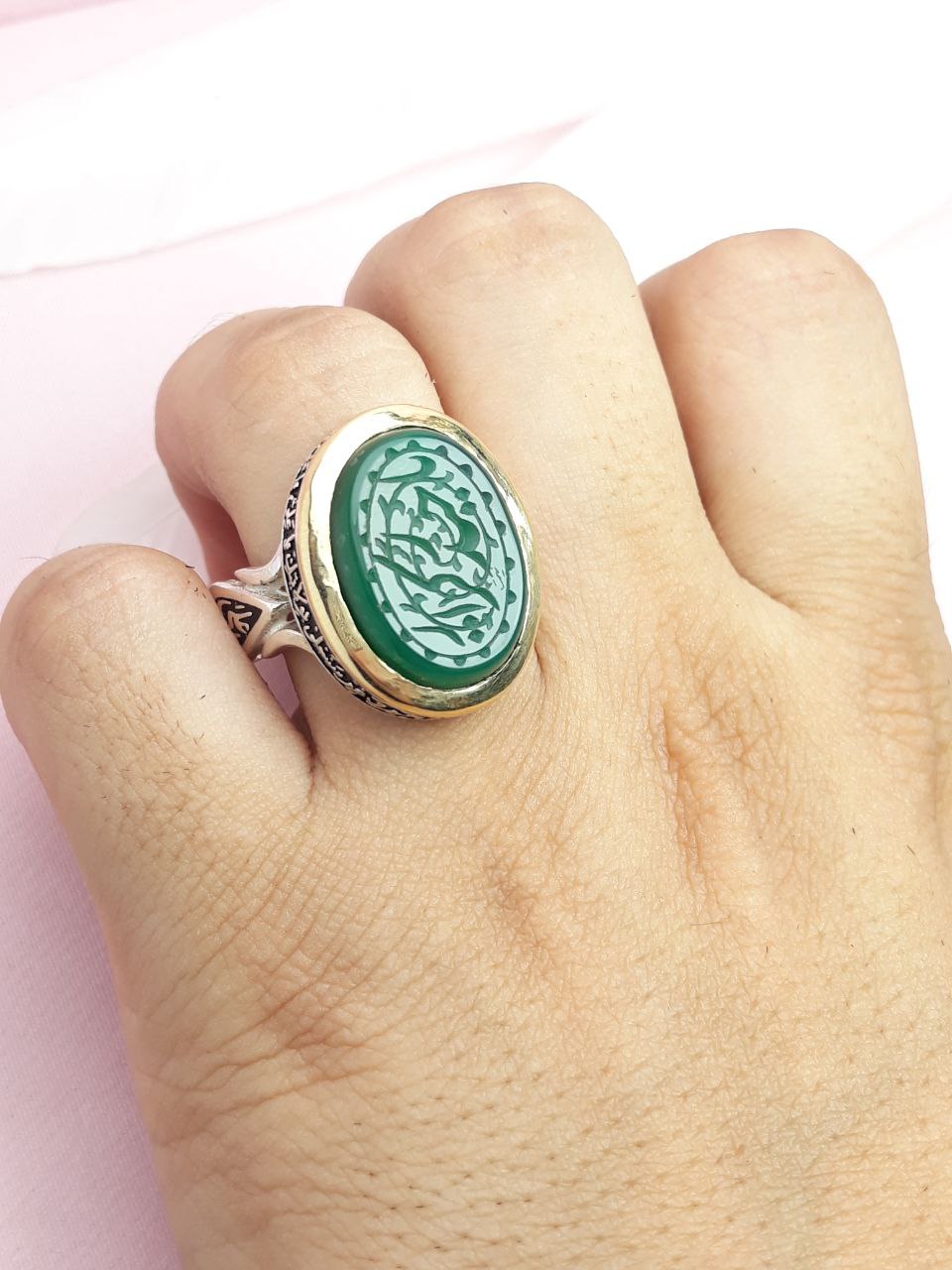 حکاکی یاحیدر کرار مردانه عقیق سبز نقره اصل