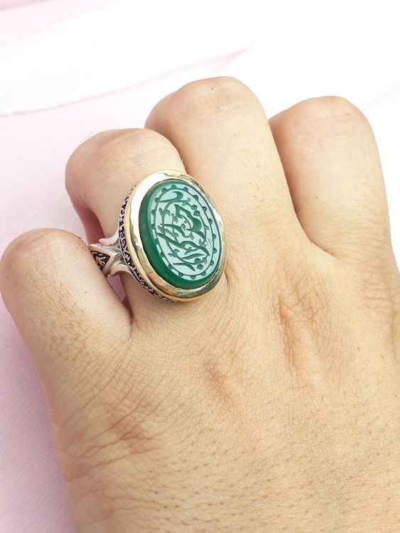 حکاکی یاحیدر کرار مردانه عقیق سبز نقره اصل