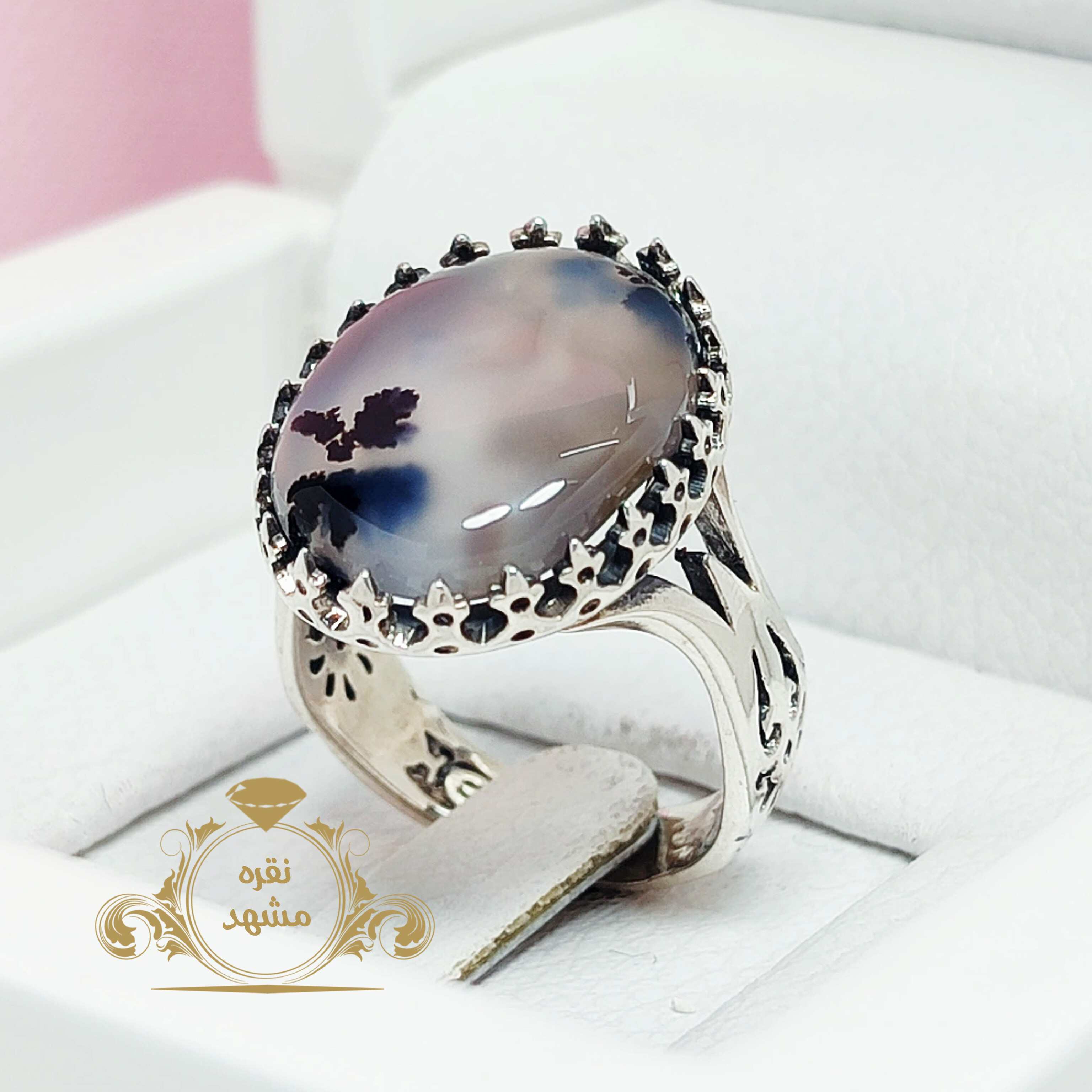 انگشتر مردانه شجر تک گل عقیق سفید