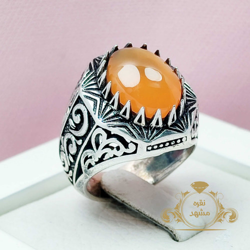 انگشتر عقیق زرد اصل جوندار طرح گل