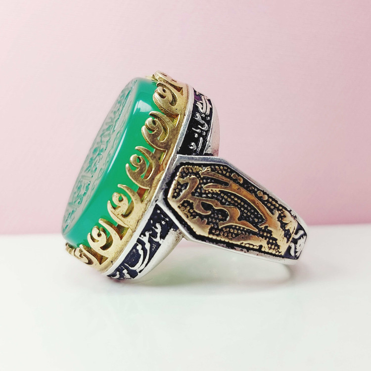 انگشتر یاحیدر مردانه عقیق سبز ذکر حسبنا الله