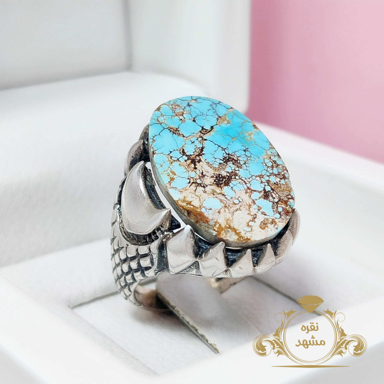 انگشتر نقره مردانه فیروزه آبی نیشابوری اصلی و معدنی