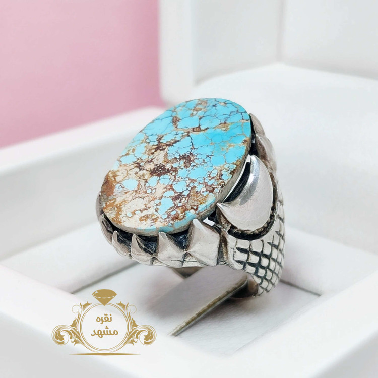 انگشتر مردانه نقره فیروزه آبی نیشابوری اصلی و معدنی
