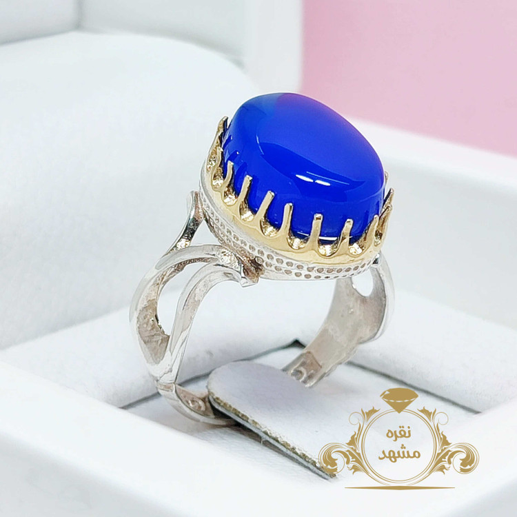 انگشتر عقیق آبی اصل یمن تراش خوشرنگ